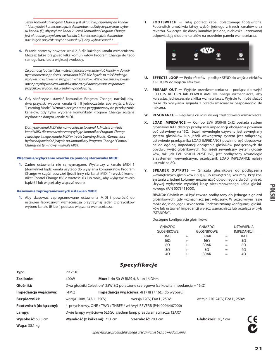Po lsk i, Specyfikacje | EVH 5150III 2x12 Combo Amplifier User Manual | Page 21 / 30