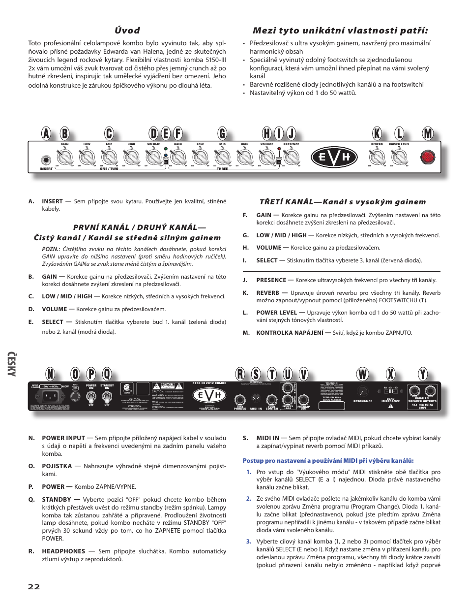 Čes ky, Úvod, Mezi tyto unikátní vlastnosti patří | Třetí kanál—kanál s vysokým gainem | EVH 5150III 2x12 Combo Amplifier User Manual | Page 22 / 30