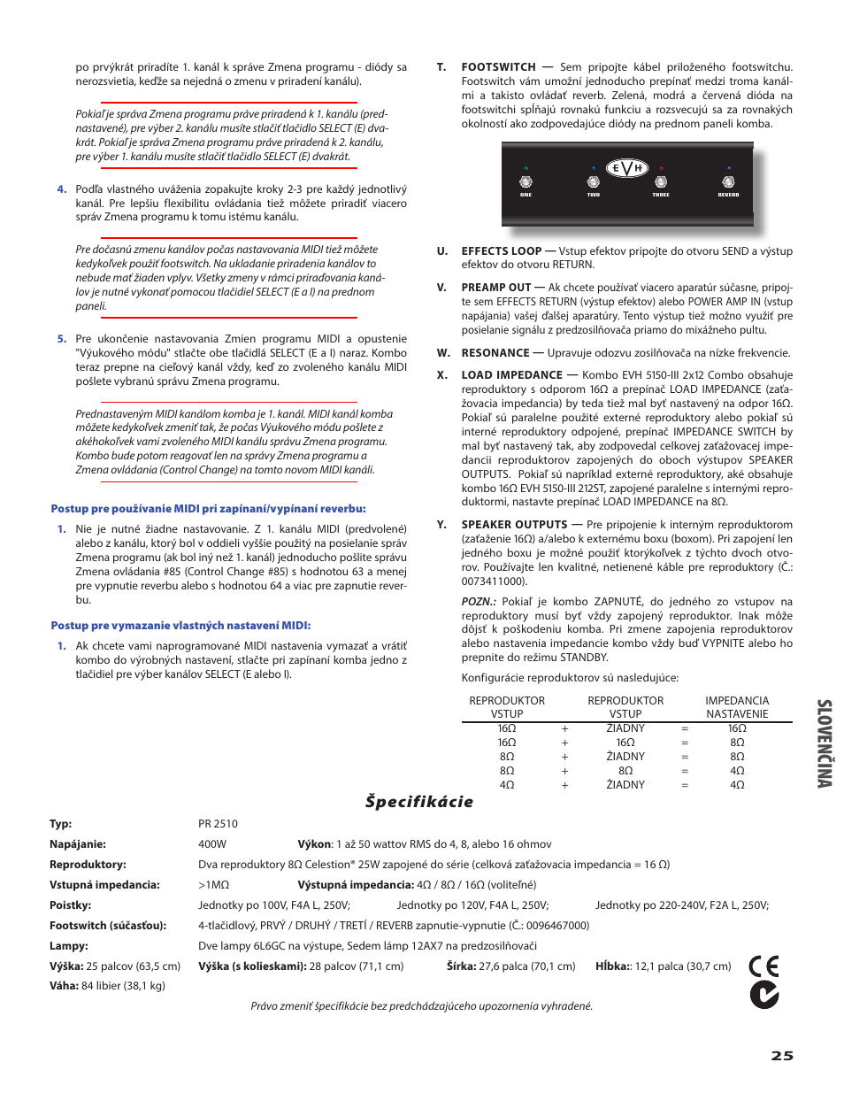 Slo ven či na, Špecifikácie | EVH 5150III 2x12 Combo Amplifier User Manual | Page 25 / 30