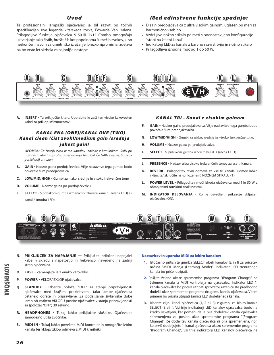 Slo ven šči na, Uvod, Med edinstvene funkcije spadajo | Kanal tri - kanal z visokim gainom | EVH 5150III 2x12 Combo Amplifier User Manual | Page 26 / 30