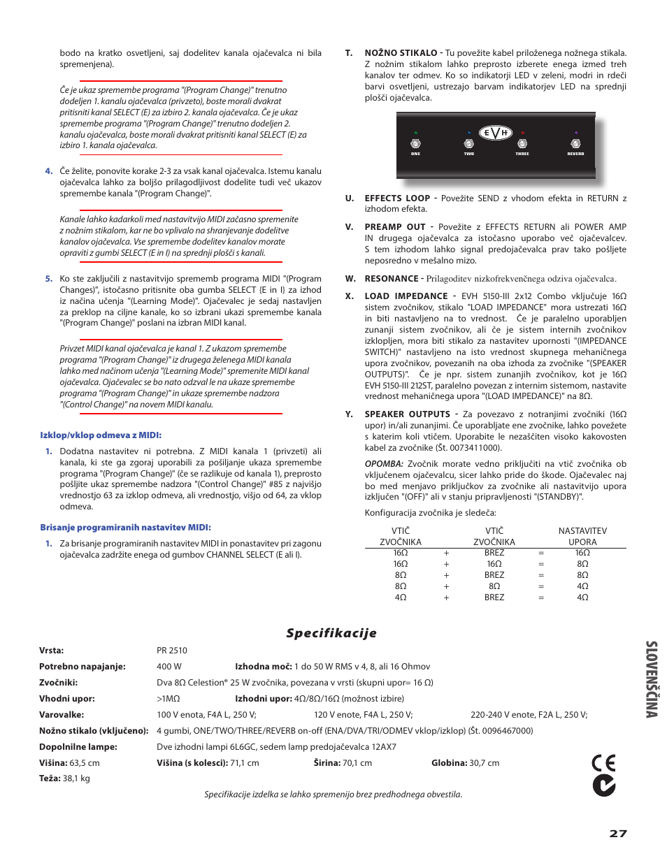 Slo ven šči na, Specifikacije | EVH 5150III 2x12 Combo Amplifier User Manual | Page 27 / 30