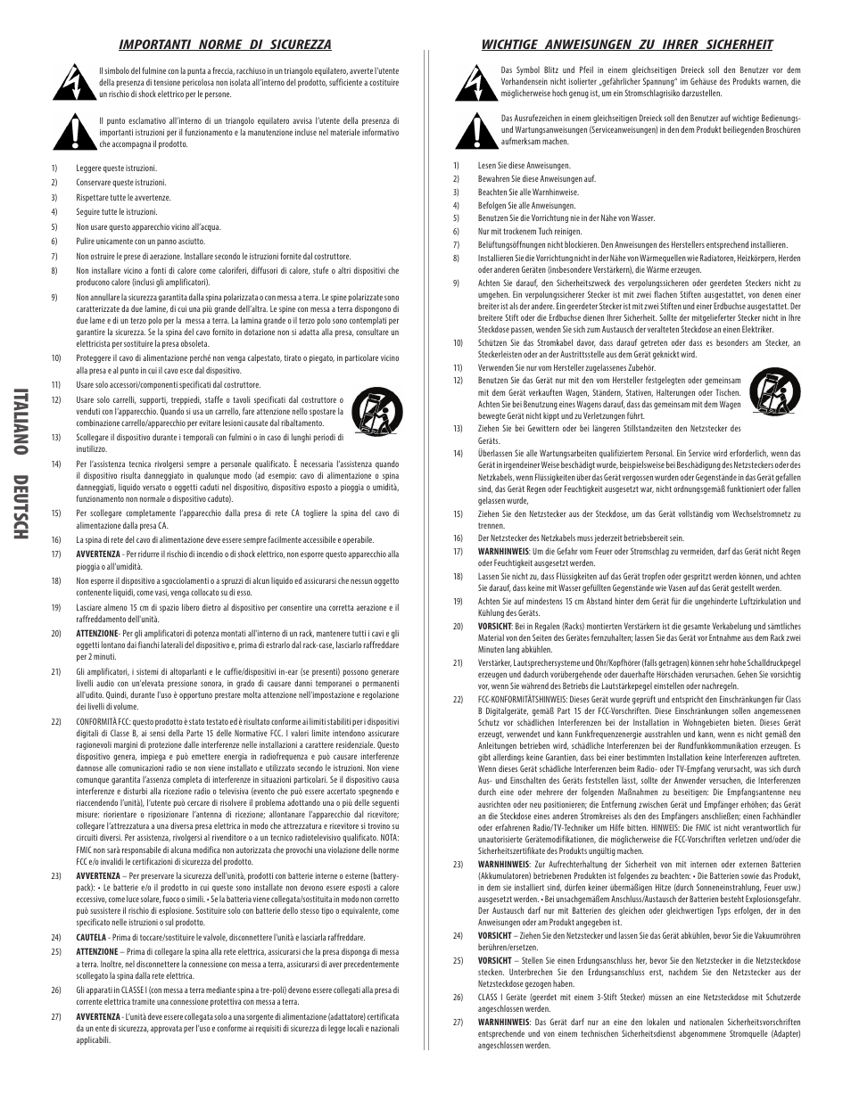 Italiano deutsch, It al ian o deu ts ch, Importanti norme di sicurezza | Wichtige anweisungen zu ihrer sicherheit | EVH 5150III 2x12 Combo Amplifier User Manual | Page 4 / 30