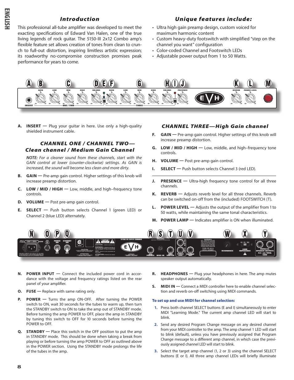 Eng lish, Introduction, Unique features include | Channel three—high gain channel | EVH 5150III 2x12 Combo Amplifier User Manual | Page 8 / 30