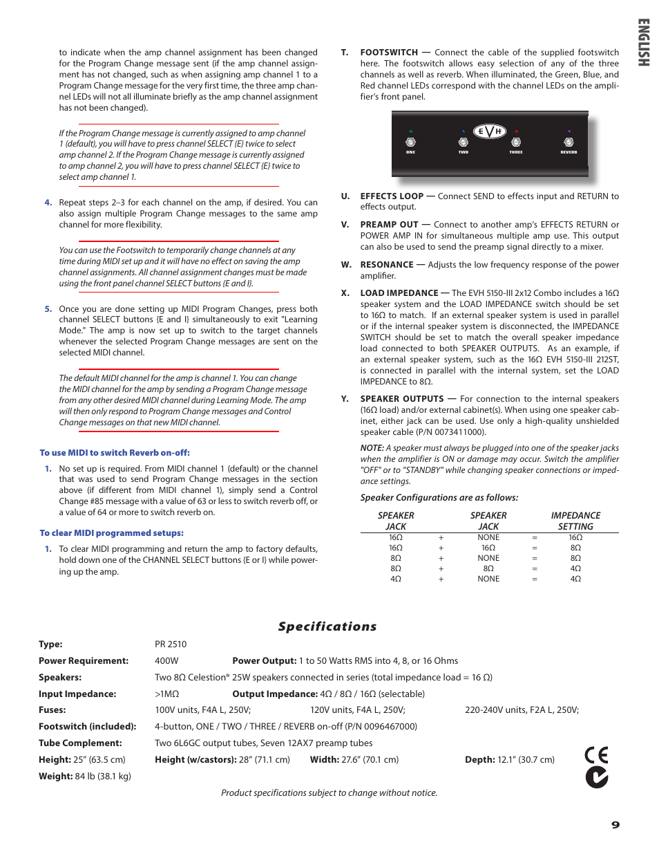 Eng lish, Specifications | EVH 5150III 2x12 Combo Amplifier User Manual | Page 9 / 30