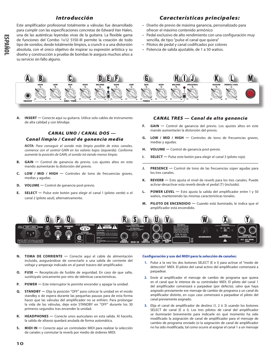 Espa ño l, Introducción, Características principales | Canal tres — canal de alta ganancia | EVH 5150III 1x12 Combo Amplifier User Manual | Page 10 / 32