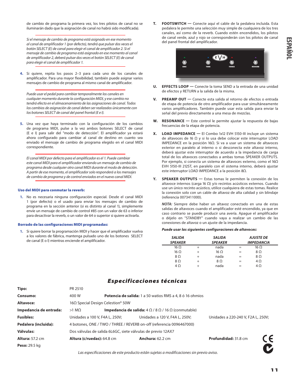Espa ño l, Especificaciones técnicas | EVH 5150III 1x12 Combo Amplifier User Manual | Page 11 / 32