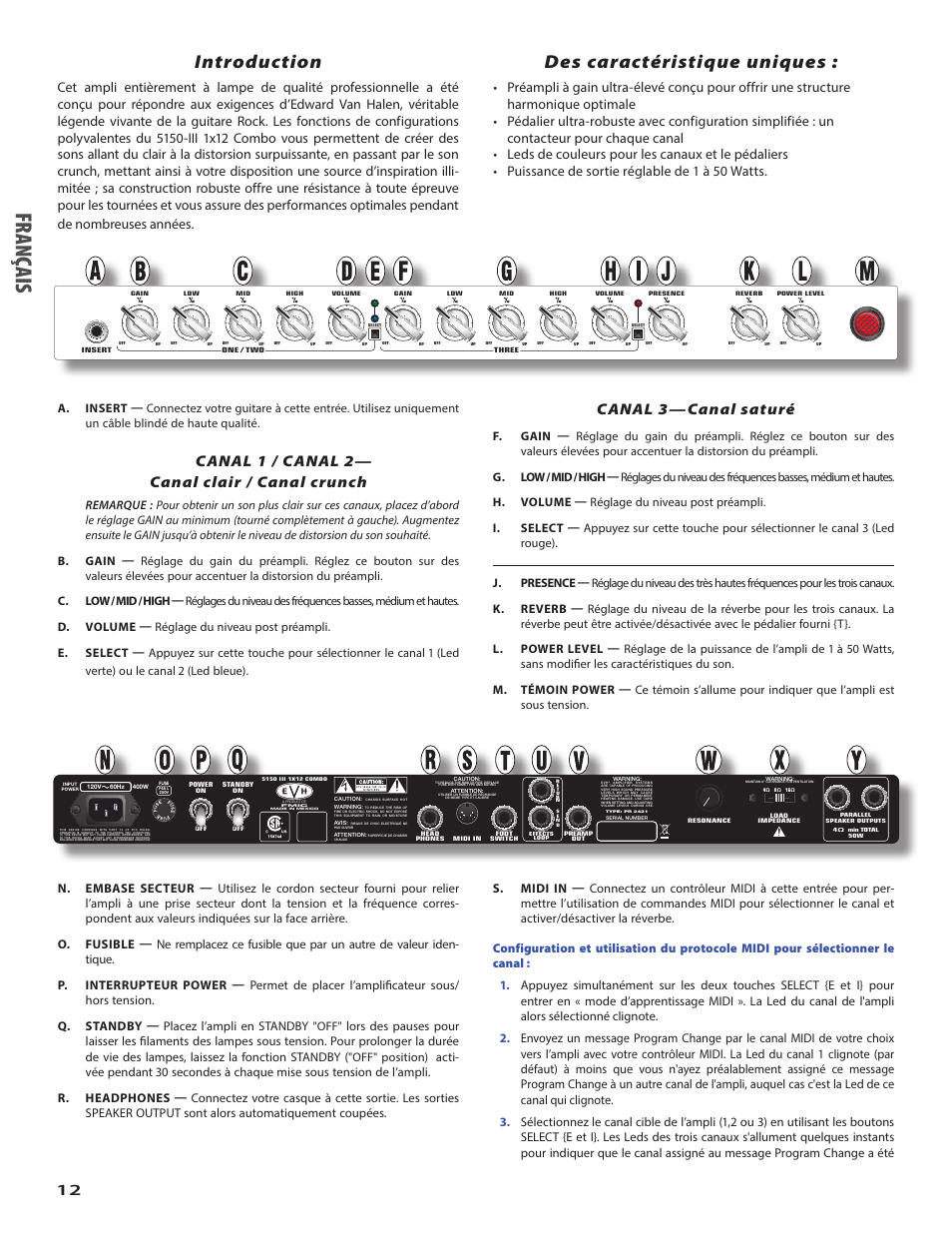 Fr an çai s, Introduction, Des caractéristique uniques | Canal 1 / canal 2— canal clair / canal crunch, Canal 3—canal saturé | EVH 5150III 1x12 Combo Amplifier User Manual | Page 12 / 32
