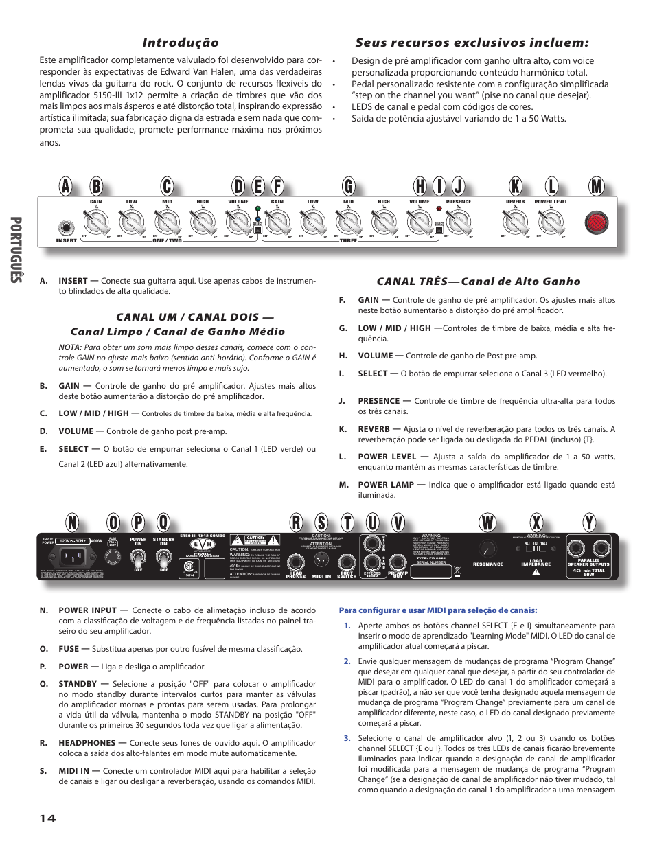 Po rtu guê s, Introdução, Seus recursos exclusivos incluem | Canal três—canal de alto ganho | EVH 5150III 1x12 Combo Amplifier User Manual | Page 14 / 32