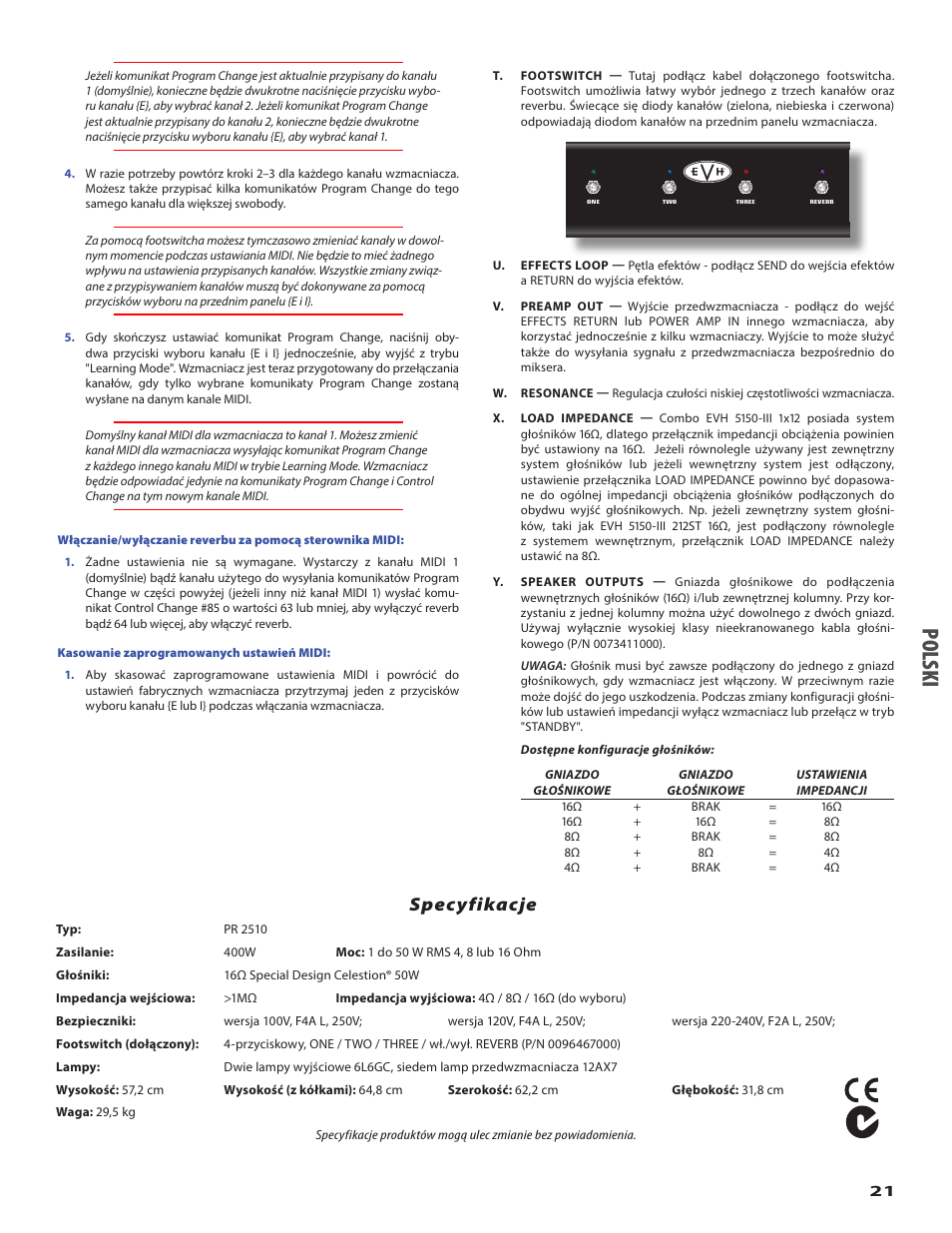 Po lsk i, Specyfikacje | EVH 5150III 1x12 Combo Amplifier User Manual | Page 21 / 32