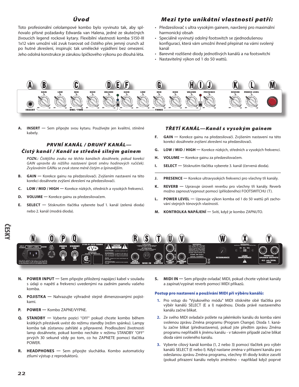 Čes ky, Úvod, Mezi tyto unikátní vlastnosti patří | Třetí kanál—kanál s vysokým gainem | EVH 5150III 1x12 Combo Amplifier User Manual | Page 22 / 32