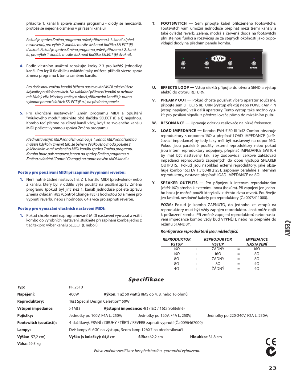 Čes ky, Specifikace | EVH 5150III 1x12 Combo Amplifier User Manual | Page 23 / 32