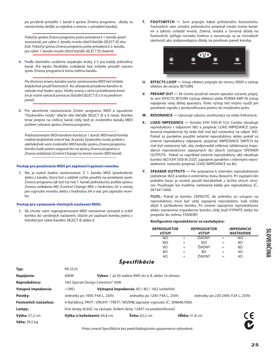 Slo ven či na, Špecifikácie | EVH 5150III 1x12 Combo Amplifier User Manual | Page 25 / 32