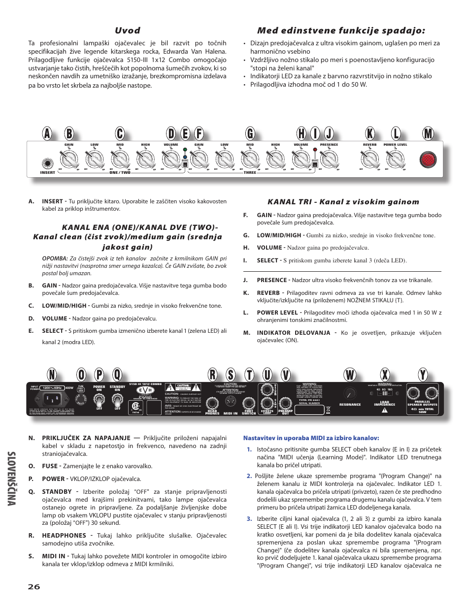 Slo ven šči na, Uvod, Med edinstvene funkcije spadajo | Kanal tri - kanal z visokim gainom | EVH 5150III 1x12 Combo Amplifier User Manual | Page 26 / 32