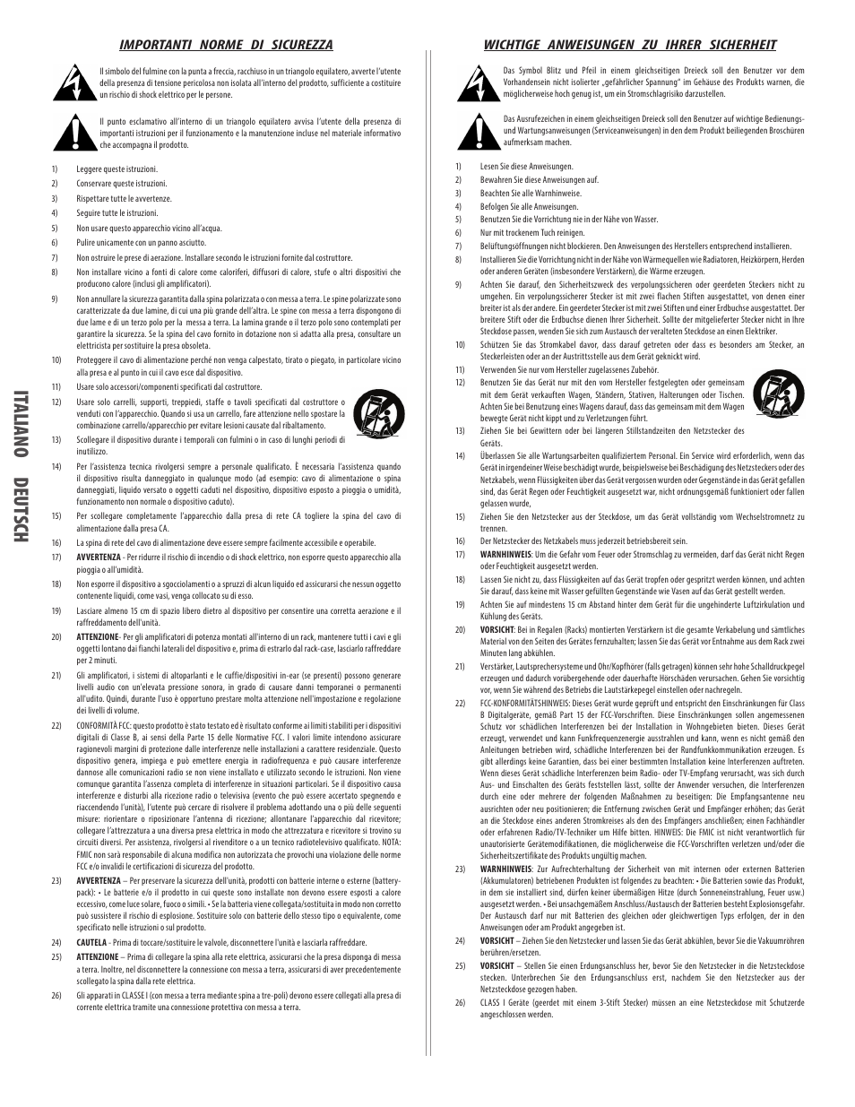 Italiano deutsch, It al ian o deu ts ch, Importanti norme di sicurezza | Wichtige anweisungen zu ihrer sicherheit | EVH 5150III 1x12 Combo Amplifier User Manual | Page 4 / 32