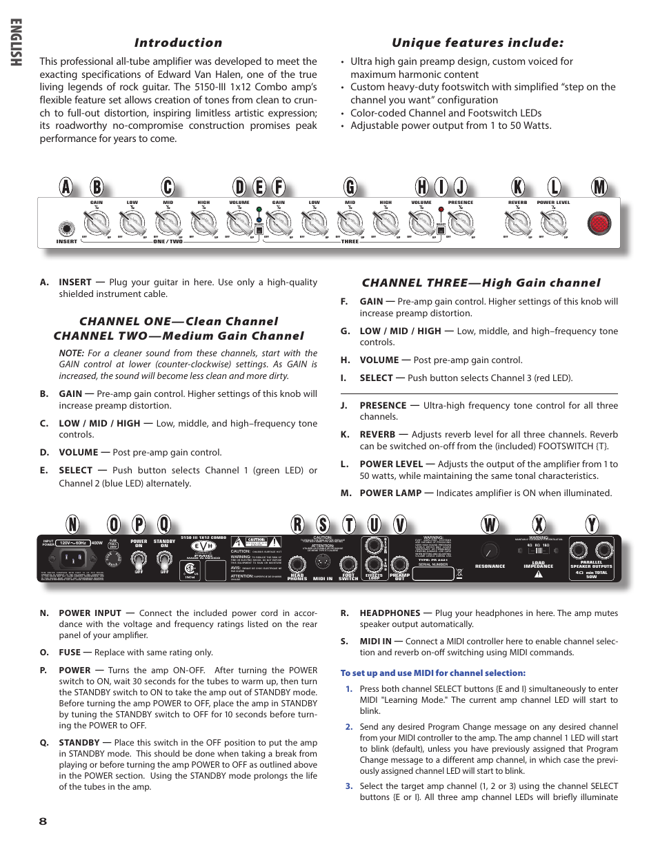 Eng lish, Introduction, Unique features include | Channel three—high gain channel | EVH 5150III 1x12 Combo Amplifier User Manual | Page 8 / 32