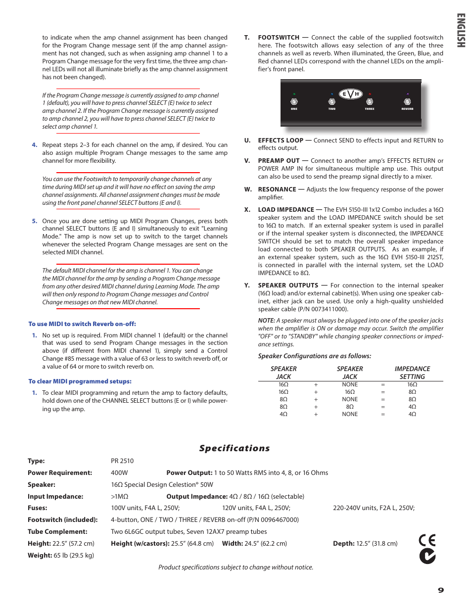 Eng lish, Specifications | EVH 5150III 1x12 Combo Amplifier User Manual | Page 9 / 32