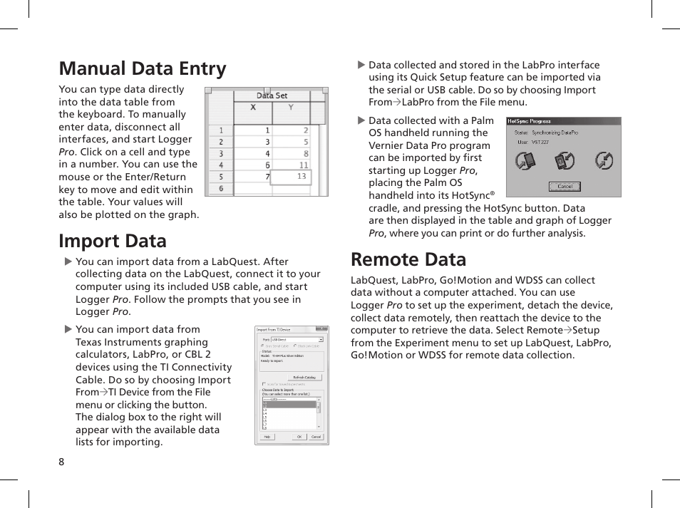 Manual data entry, Import data, Remote data | Vernier Logger Pro 3 User Manual | Page 12 / 20