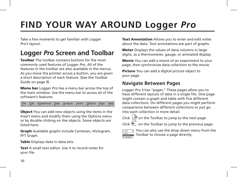 Find your way around logger pro, Logger pro screen and toolbar | Vernier Logger Pro 3 User Manual | Page 14 / 20