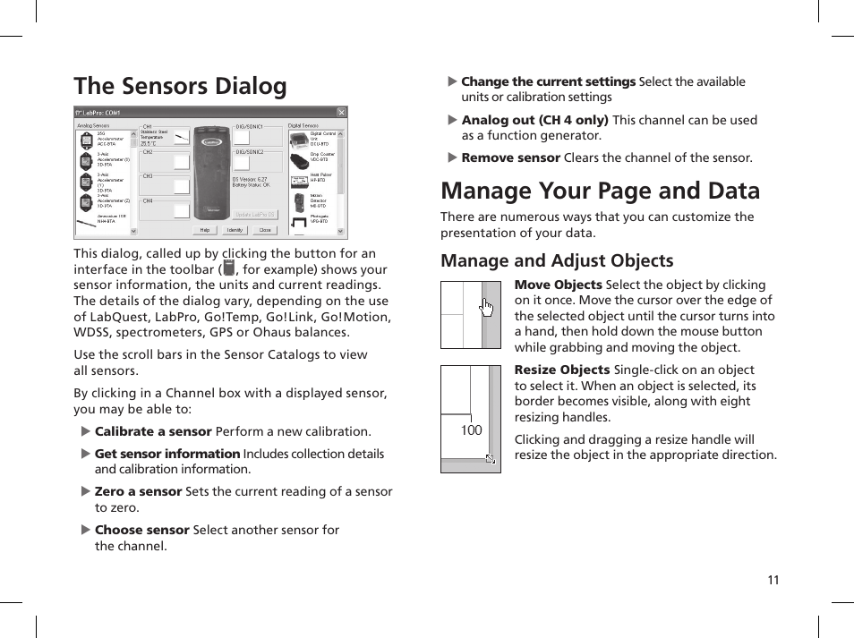 The sensors dialog, Manage your page and data, Manage and adjust objects | Vernier Logger Pro 3 User Manual | Page 15 / 20