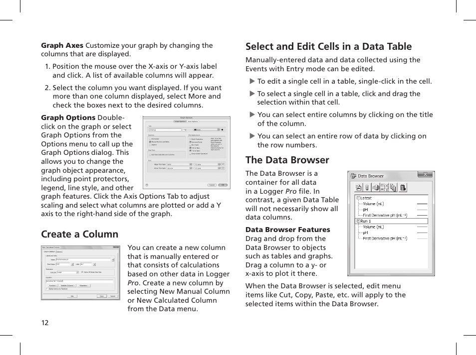 Create a column, Select and edit cells in a data table, The data browser | Vernier Logger Pro 3 User Manual | Page 16 / 20
