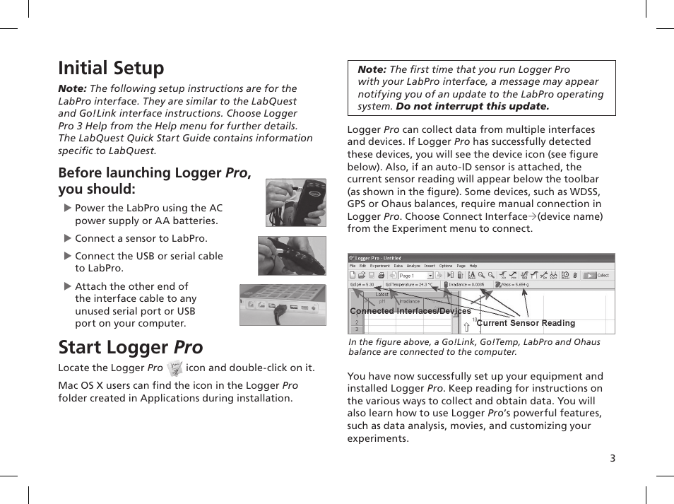 Initial setup, Start logger pro, Before launching logger pro , you should | Vernier Logger Pro 3 User Manual | Page 7 / 20
