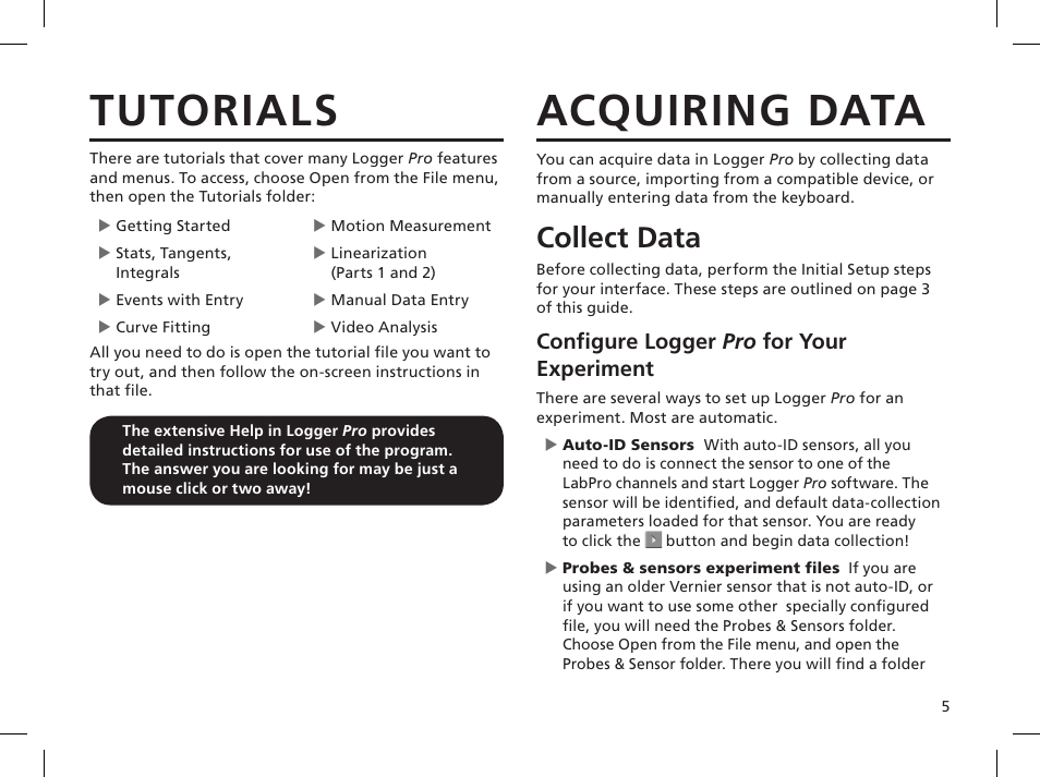 Tutorials, Acquiring data, Collect data | Conﬁ gure logger pro for your experiment | Vernier Logger Pro 3 User Manual | Page 9 / 20