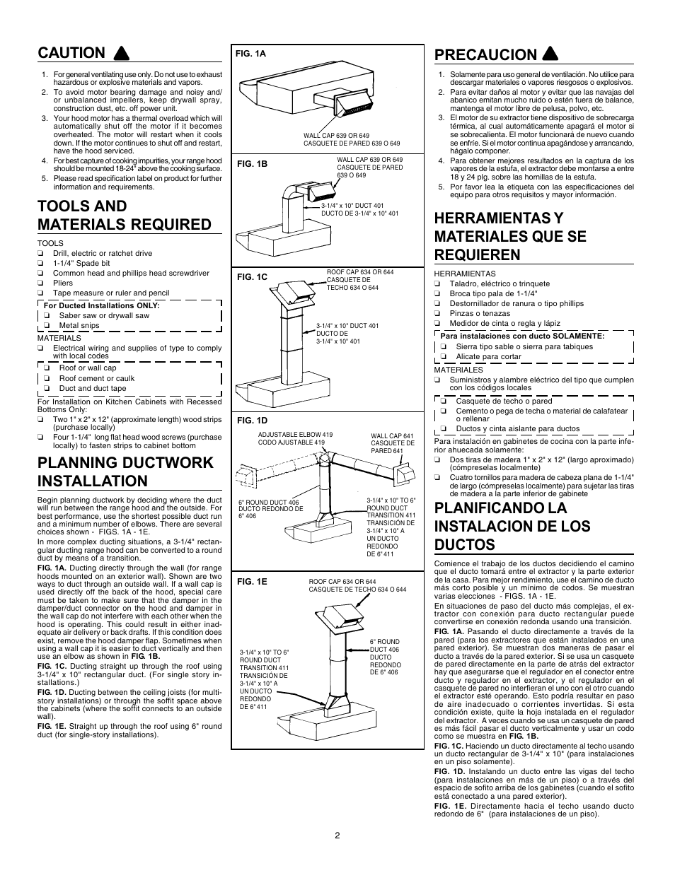 Caution, Precaucion, Herramientas y materiales que se requieren | Planificando la instalacion de los ductos, Tools and materials required, Planning ductwork installation | Broan 46000 User Manual | Page 2 / 8