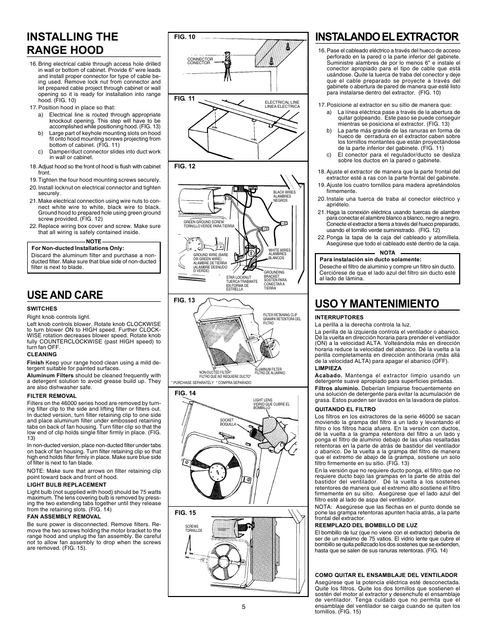 Use and care, Installing the range hood, Instalando el extractor | Uso y mantenimiento | Broan 46000 User Manual | Page 5 / 8