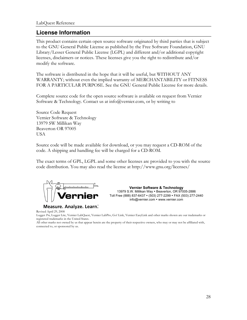 License information | Vernier Original LabQuest User Manual | Page 30 / 30