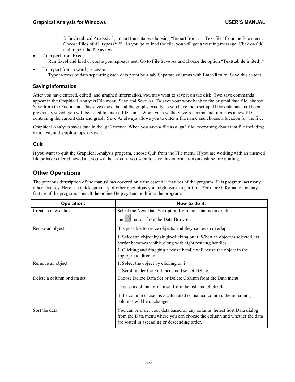 Saving information quit, Other operations | Vernier Graphical Analysis 3 User Manual | Page 14 / 25