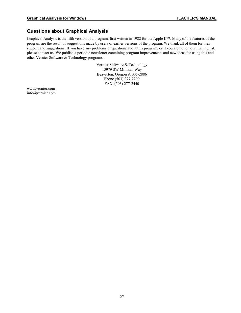 Questions about graphical analysis | Vernier Graphical Analysis 3 User Manual | Page 25 / 25