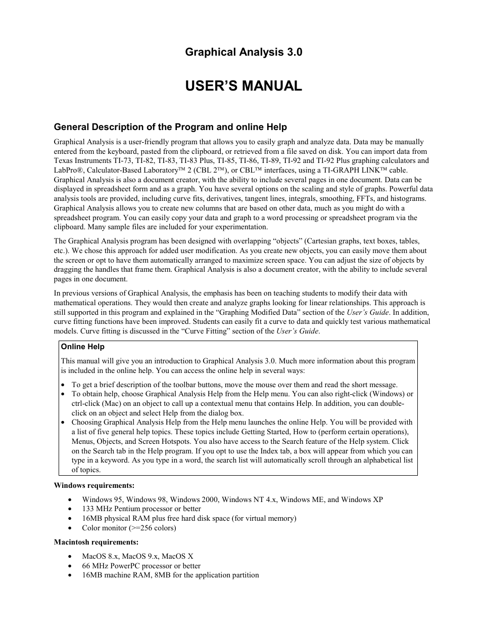 User’s manual, General description of the program and online help, Graphical analysis 3.0 | Vernier Graphical Analysis 3 User Manual | Page 5 / 25