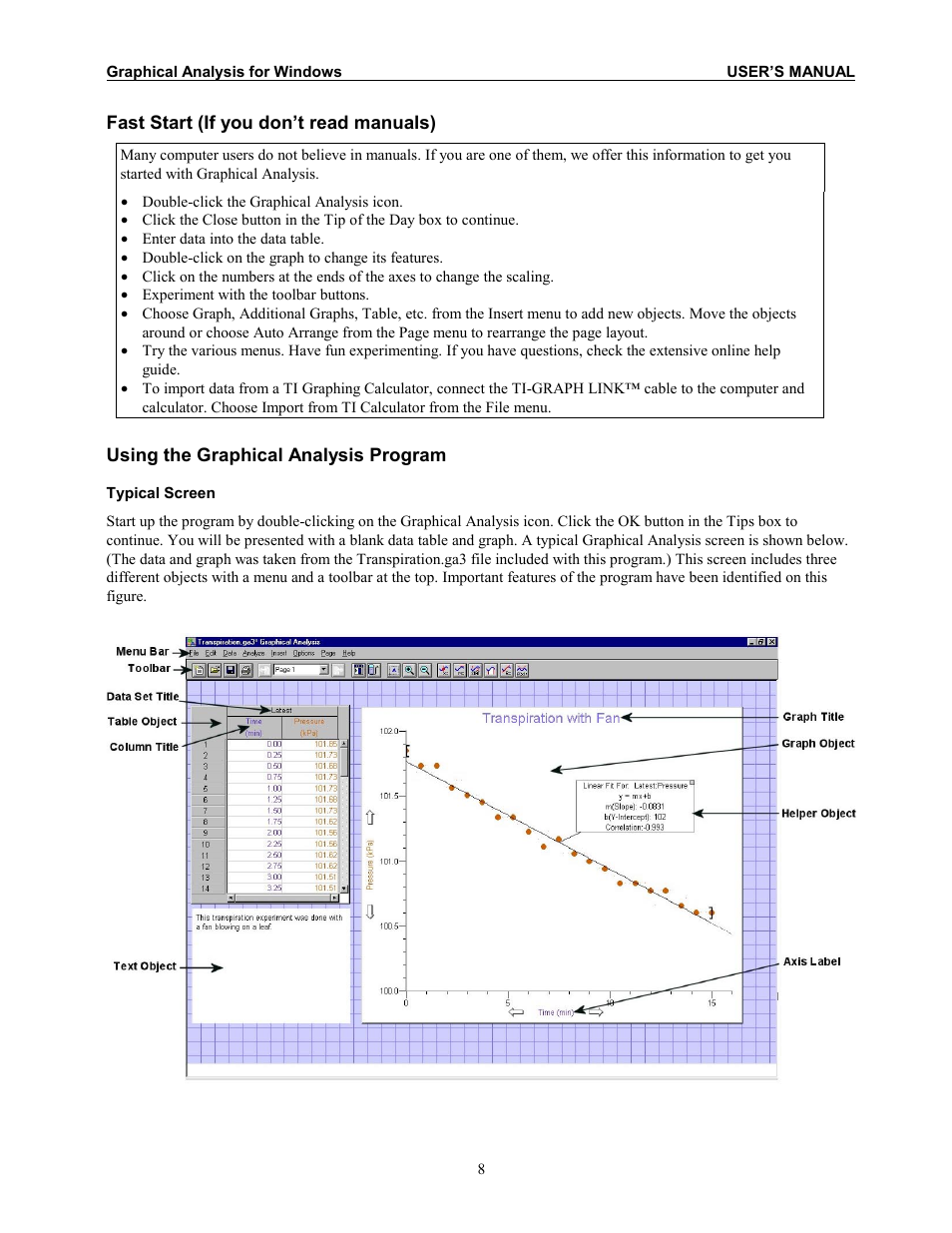 Fast start (if you don’t read manuals), Using the graphical analysis program, Typical screen | Vernier Graphical Analysis 3 User Manual | Page 6 / 25