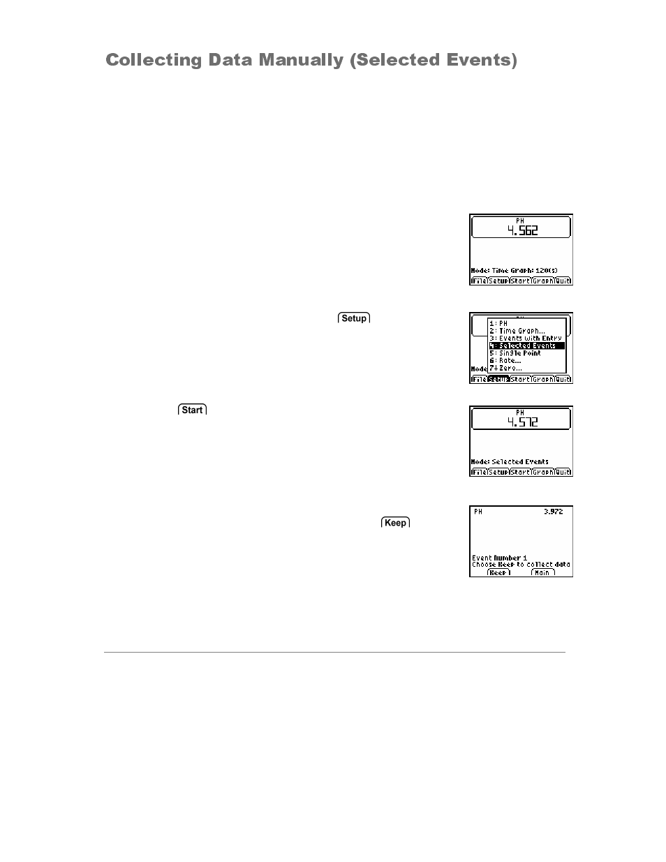 Mode - selected events, Mode - single point, Selected events | Collecting data manually (selected events) | Vernier EasyData Guidebook User Manual | Page 18 / 67