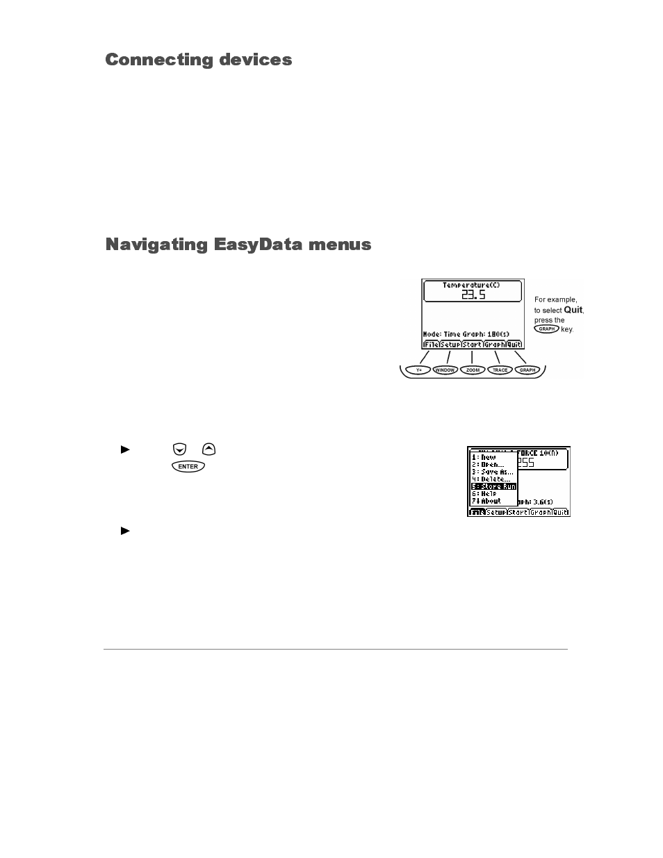Connecting devices, Navigating menus, Navigating easydata menus | Vernier EasyData Guidebook User Manual | Page 3 / 67