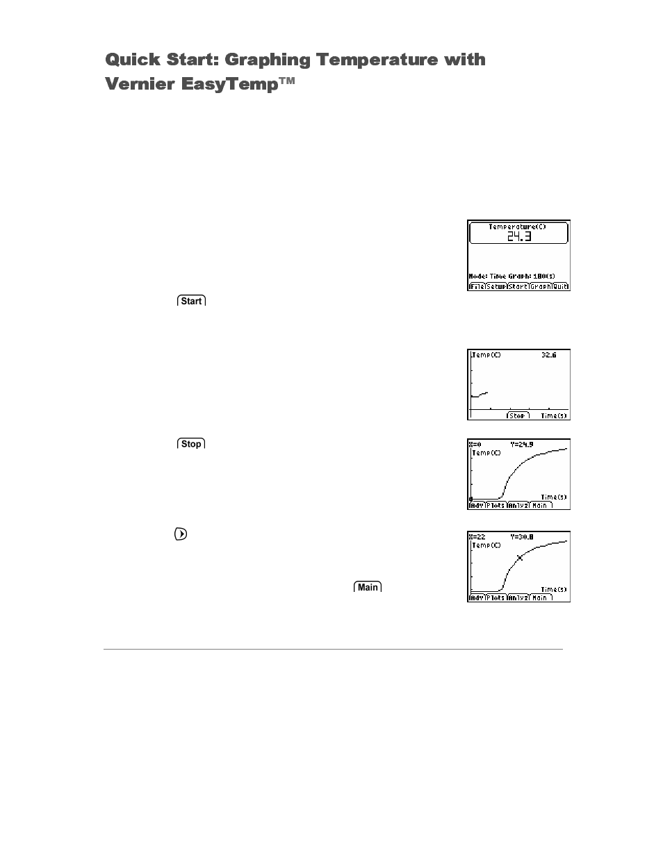 Quick start: temperature, Quick start: graphing temperature | Vernier EasyData Guidebook User Manual | Page 8 / 67