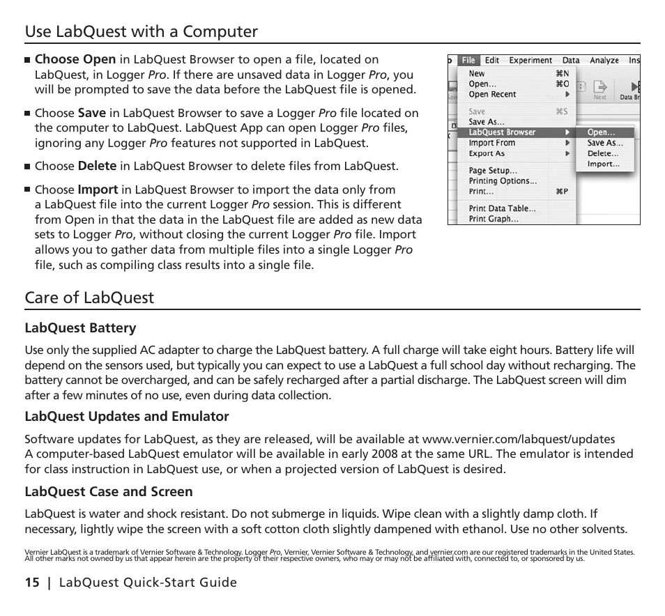 Care of labquest use labquest with a computer | Vernier Original LabQuest User Manual | Page 18 / 20