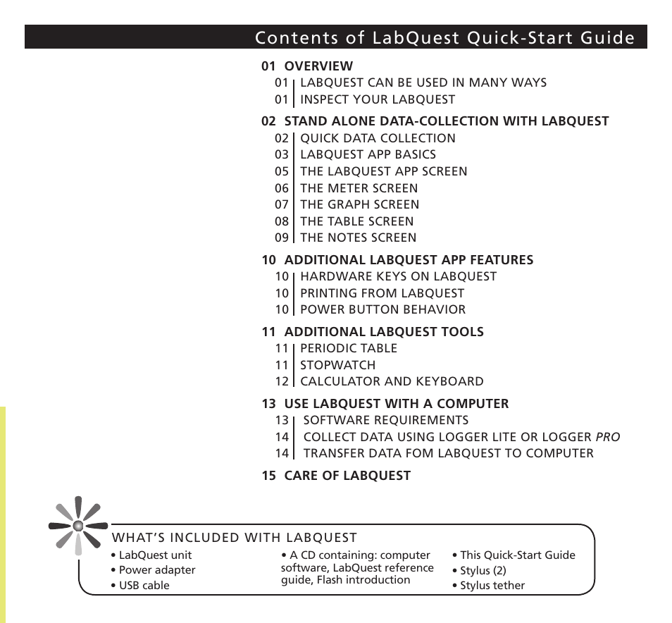 Contents of labquest quick-start guide | Vernier Original LabQuest User Manual | Page 3 / 20