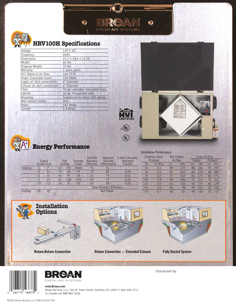 Hrv100h specifications, Installation options energy performance | Broan HRV100H User Manual | Page 2 / 2