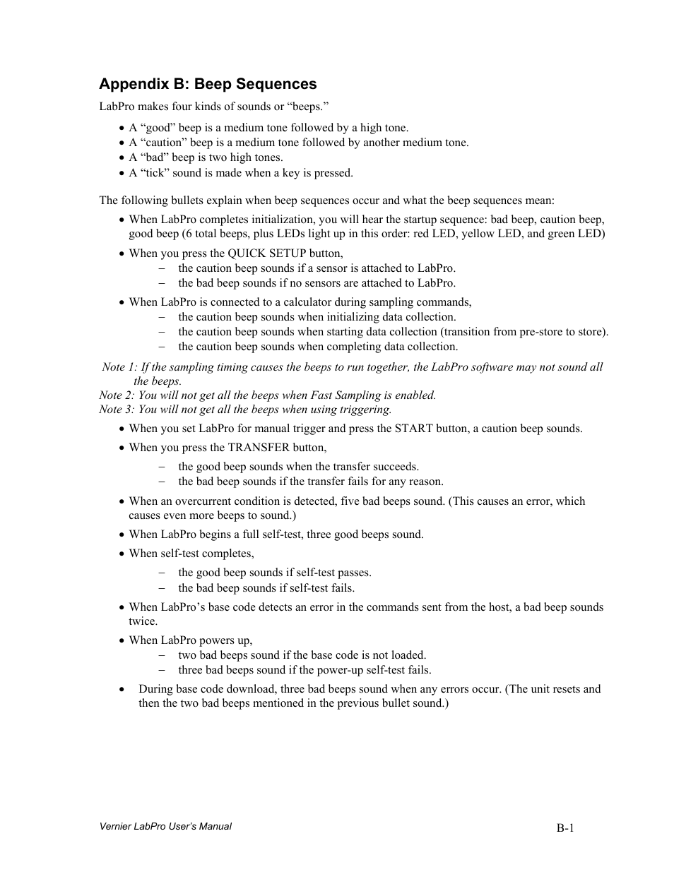 Appendix b: beep sequences | Vernier LabPro User Manual | Page 27 / 35
