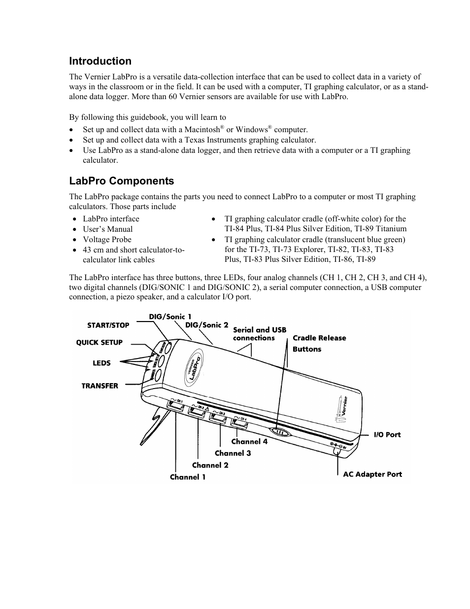 Introduction, Labpro components | Vernier LabPro User Manual | Page 5 / 35