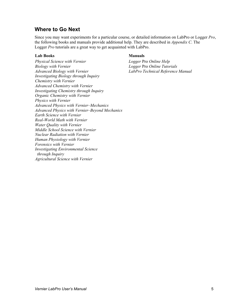 Where to go next | Vernier LabPro User Manual | Page 9 / 35