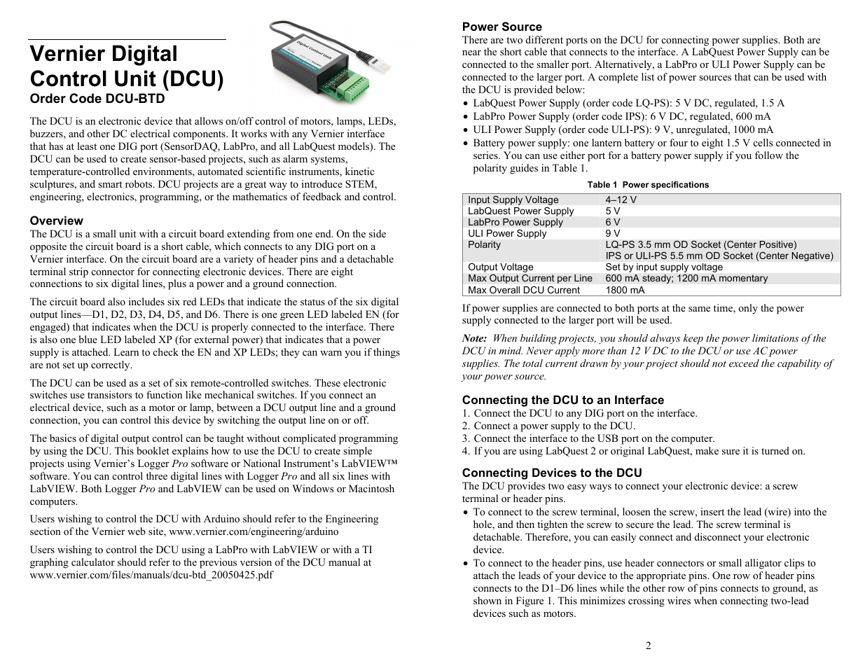 Vernier Digital Control User Manual | 6 pages