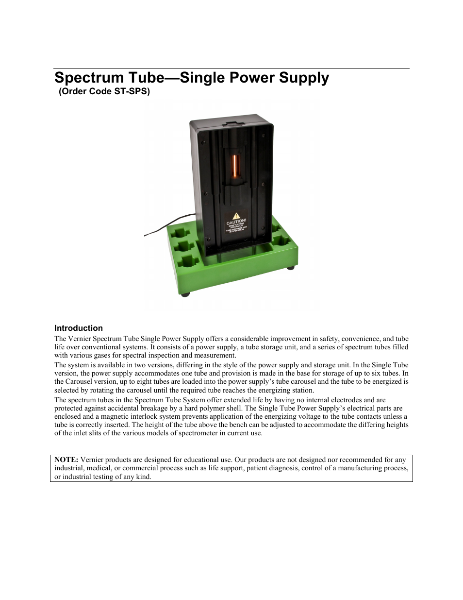 Vernier Spectrum Tube Single Power Supply User Manual | 4 pages