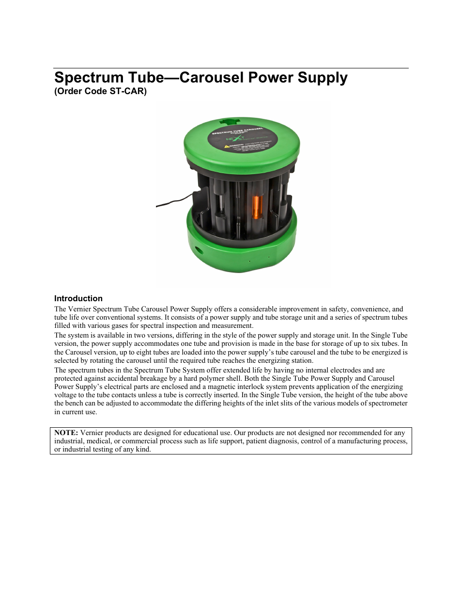 Vernier Spectrum Tube Carousel Power Supply User Manual | 4 pages