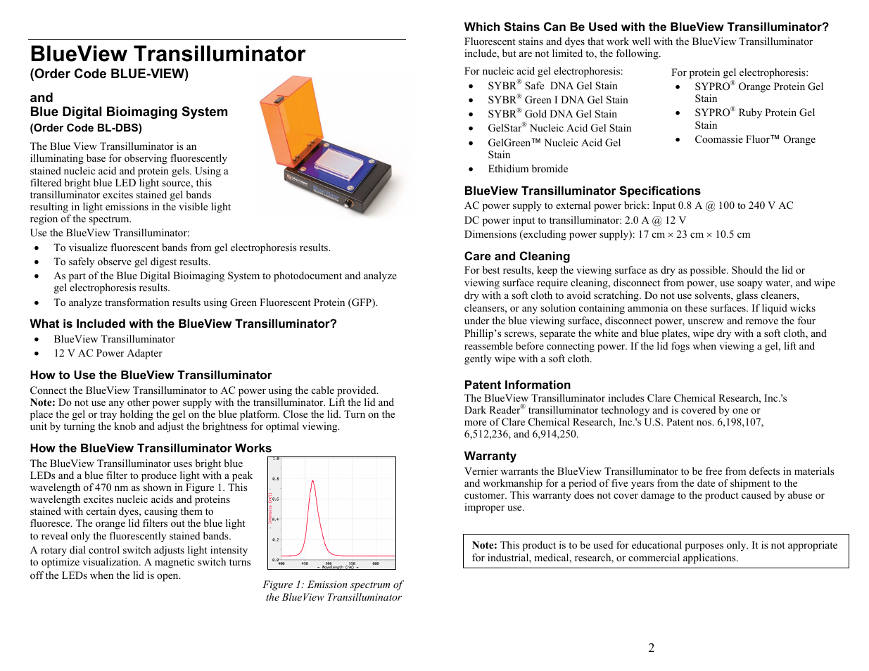 Vernier BlueView Transilluminator User Manual | 4 pages
