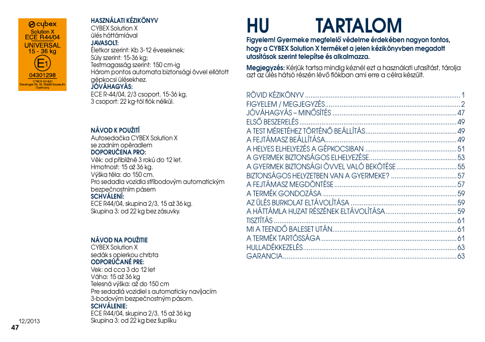 Hu tartalom | Cybex SOLUTION X User Manual | Page 49 / 68