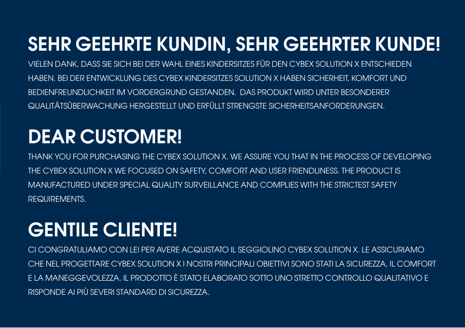 Dear customer, Sehr geehrte kundin, sehr geehrter kunde, Gentile cliente | Cybex SOLUTION X User Manual | Page 6 / 68