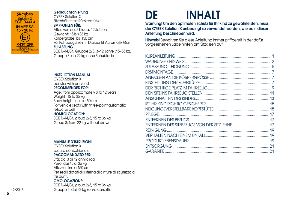 De inhalt | Cybex SOLUTION X User Manual | Page 7 / 68