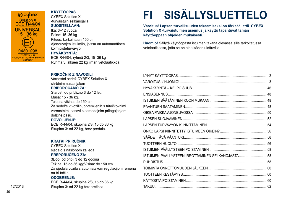 Fi sisällysluettelo | Cybex SOLUTION X User Manual | Page 46 / 64